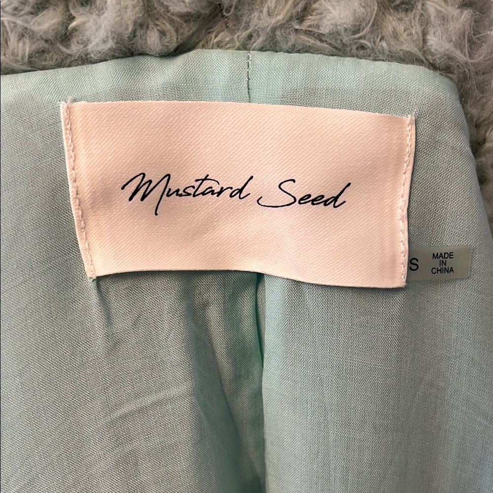 Mustard Seed Green Teddy Jacket with Fuzzy Texture and Open Front Style - Picture 2 of 2